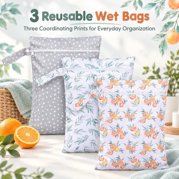 3Pcs Wet Dry Bag with Wrist Strap Reusable Waterproof Wet Bag for Baby Cloth Diaper Swimming Travel and Laundry (Grey)