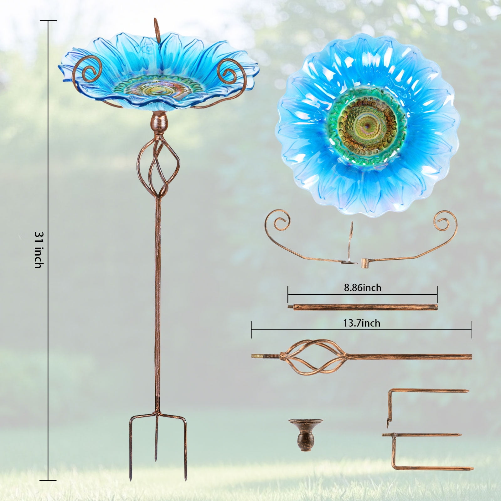 Bird Baths - Outdoors Sunflower Glass Birdbaths Outdoor Garden Birdfeeder with Metal Stake Bowl with Stake for Garden Yard Decor Blue