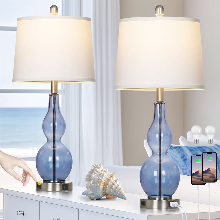 Cinkeda 28.5" Coastal Glass Table Lamps with USB, Set of 2 photo 1