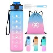 32oz Water Bottle with Time Marker & Straw Lid for Gym,Motivational Fitness Sports Water Jug with Removable Strainer,Dishwasher Safe,Leakproof,Safety Lock,No BPA,Blue+purple