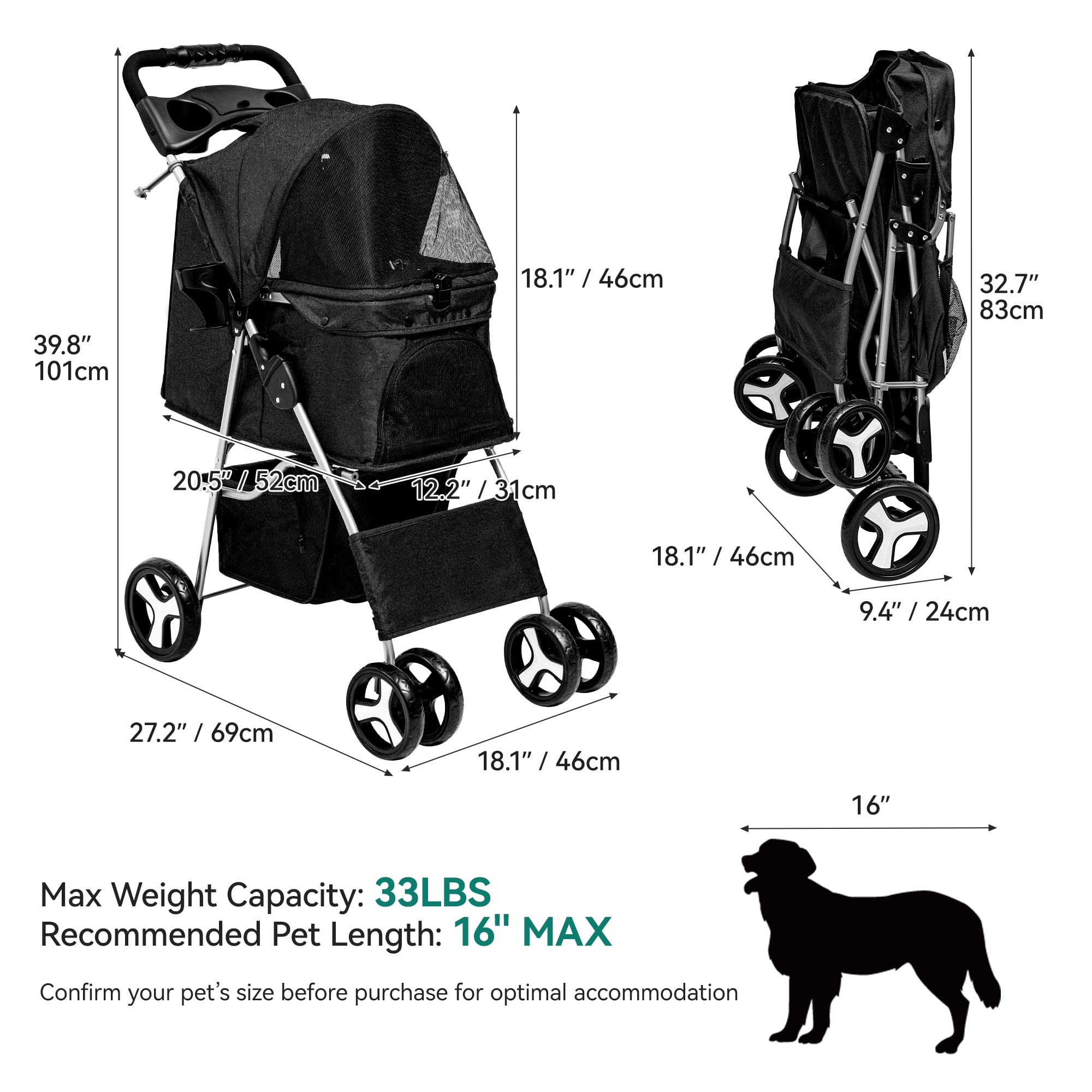 Dextrus 4 Wheels Dog Stroller for Medium Small Dogs, Foldable Pet Stroller with 360° Rotation Wheel, Cat Kitty Puppy Stroller with Storage Basket (Black)