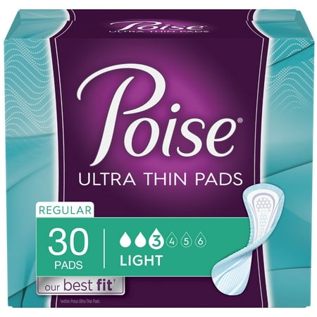 Poise Ultra Thin Incontinence Pads for Women, Light Absorbency, Regular, 30
