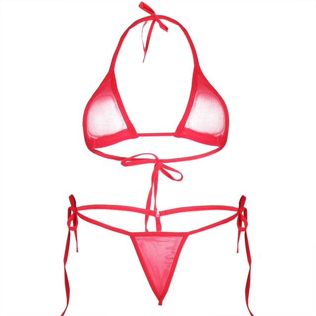 TiaoBug Ensemble Bikini en Maille Transparente pour Femmes Haut de Bikini avec Ficelle Latérale Micro Bikini String Maillot de Bain Rouge Taille Unique
