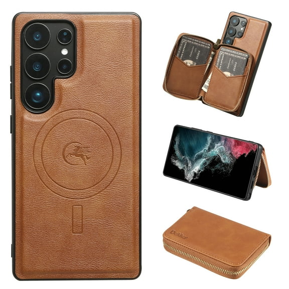 2 in 1 Detachable Wallet Case for Samsung Galaxy S25 Ultra, Classic PU Leather Card Slots Kickstand Zipper Pocket Shockproof Phone Case Cover Compatible with Magsafe for Galaxy S25 Ultra - Brown