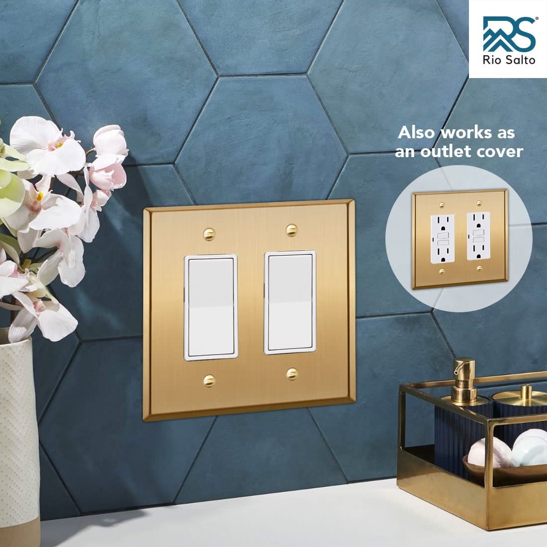 Rio Salto Metal Gold Outlet Cover or Light Switch Cover Wall Plate, 10-Pack STANDARD SIZE, 2-Gang Corrosion Resistant Single Duplex Receptacle Wallplate Covers Brushed Brass Rocker Outlet