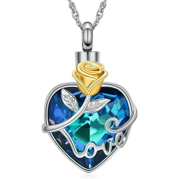 Rose Cremation Jewelry for Ashes Urn Necklace with Heart Crystal Rose Flower Ashes Necklaces for Women Men Memorial Gift