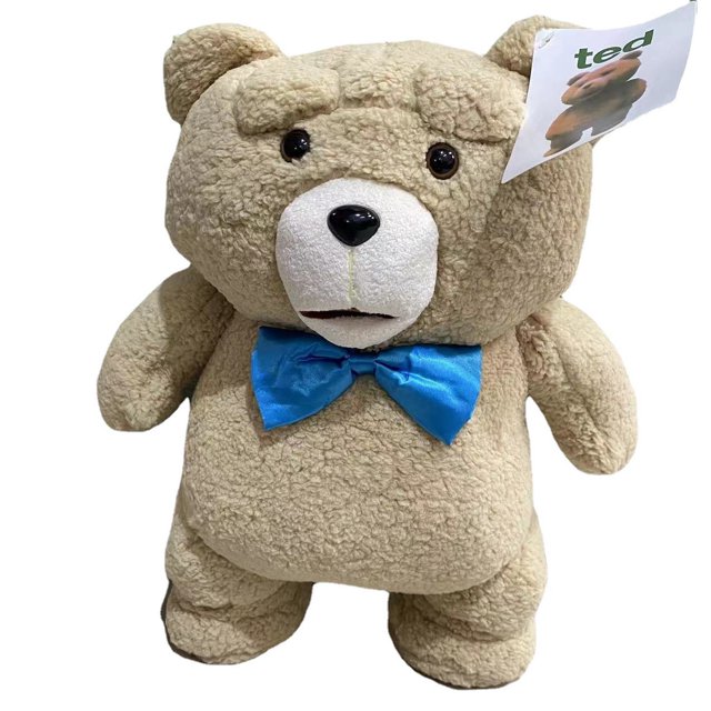 oso de peluche anime de 45 cm para niños 45 cm muñeco de peluche beige con lazo azul en vista frontal, cabeza redondeada con ojos negros brillantes, hocico blanco y textura de felpa rizada; etiqueta colgante visible, adecuado como juguete o almohada para la siesta.