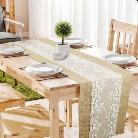 

Niyofa 275X30CM Hessian Table Runners with Lace Rustic Vintage Jute Shabby Rustic Jute Burlap Sewed Edge Shabby Wedding Outdoor Party Table Decorations