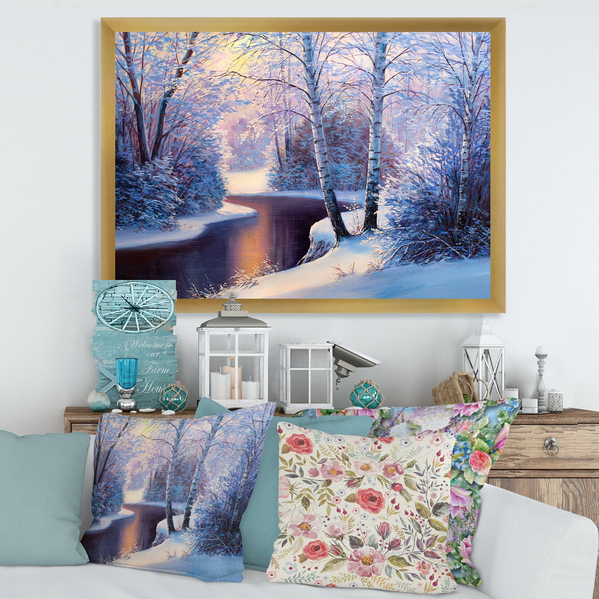 Designart 'Christmas Forest With Trees and River I' Traditional Framed Art Print