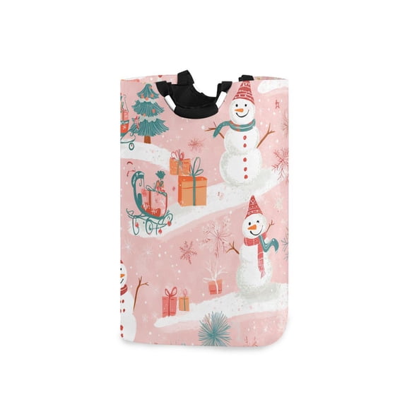 Yayeee Freestanding Laundry Hamper with Handle Collapsible Large Storage Basket for Clothes, Pink Christmas Snowman