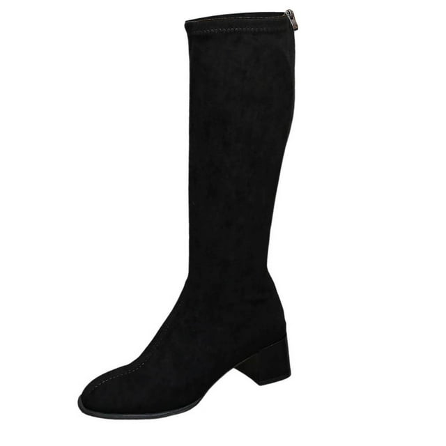 Wensltd Bottes Noires Mi-Mollet pour Femmes, Bout Rond Épais, Bottes en Cuir, Talon Bloc Bas, Bottes Hautes, Fermeture Éclair