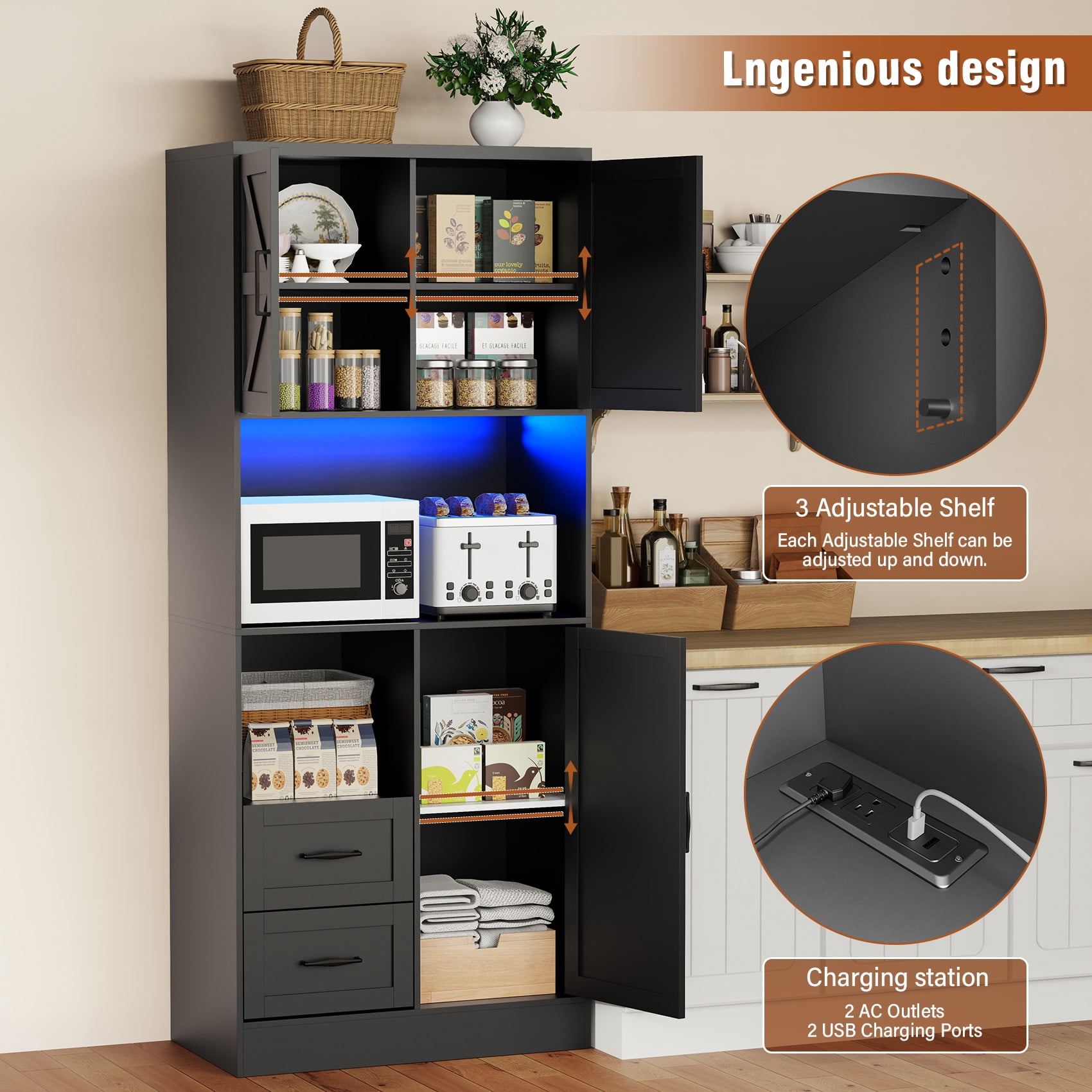 Frmobepts 68" Tall Kitchen Pantry with LED Lights, Free-standing Wood Storage Cabinet with Farmhouse Barn Doors for Dining Room, Black