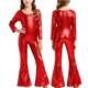 thumbnail image 1 of Pantalones acampanados de cuello redondo y mangas largas con lentejuelas elegantes de color sólido para niños, para fiestas, bailes, actuaciones escolares, ropa combinada para fiestas y festivales, pa, 1 of 5