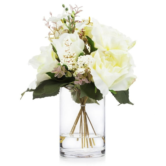 Enova Home Mixed Artificial Silk Roses Flowers Arrangement in Clear Glass Vase with Faux Water (Cream)