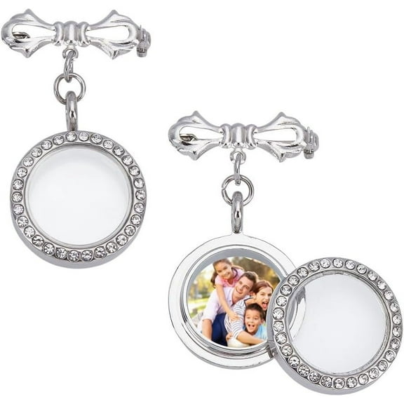 2Pcs Photo Brooch Charms Alloy Rhinestone Bezel Brooches Pin Brooch Making Kit Bowknot Photo Locket Charms For Sweater Shawl Clip