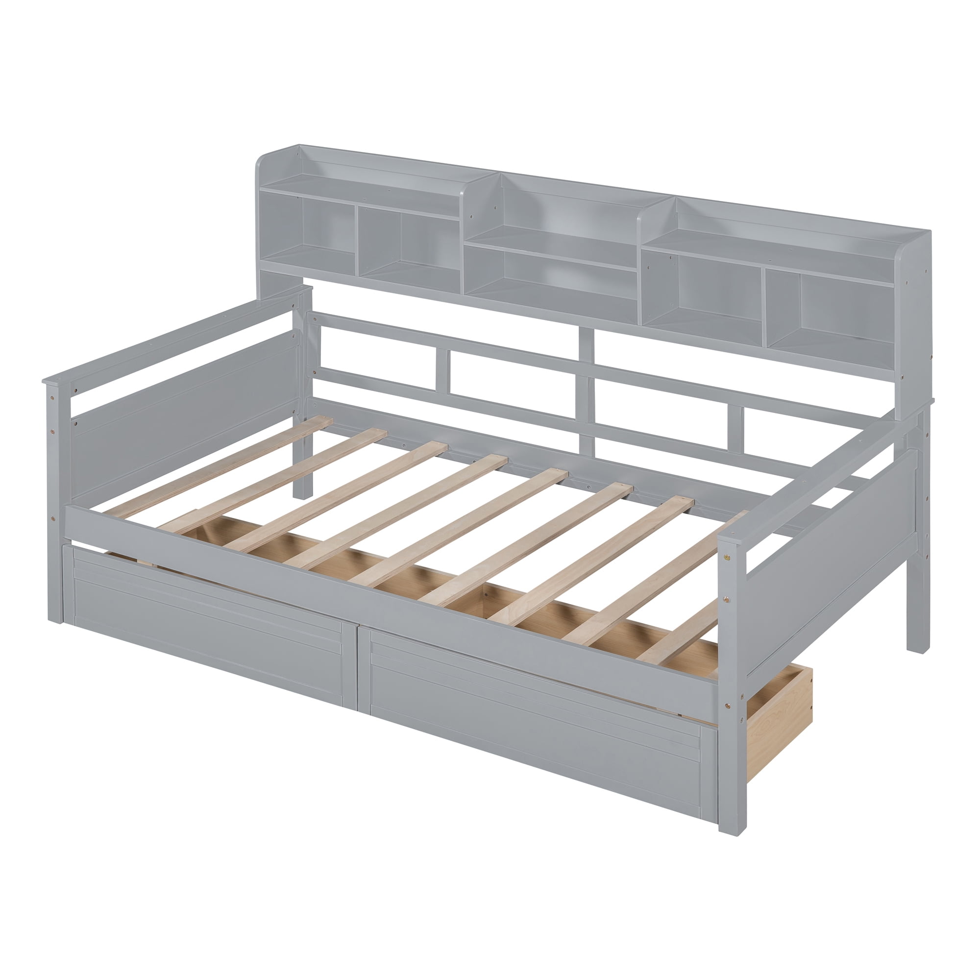 Euroco Wood Twin Size Platform Bed with 2 Drawers, Captain Bed with Storage Shelves, Gray