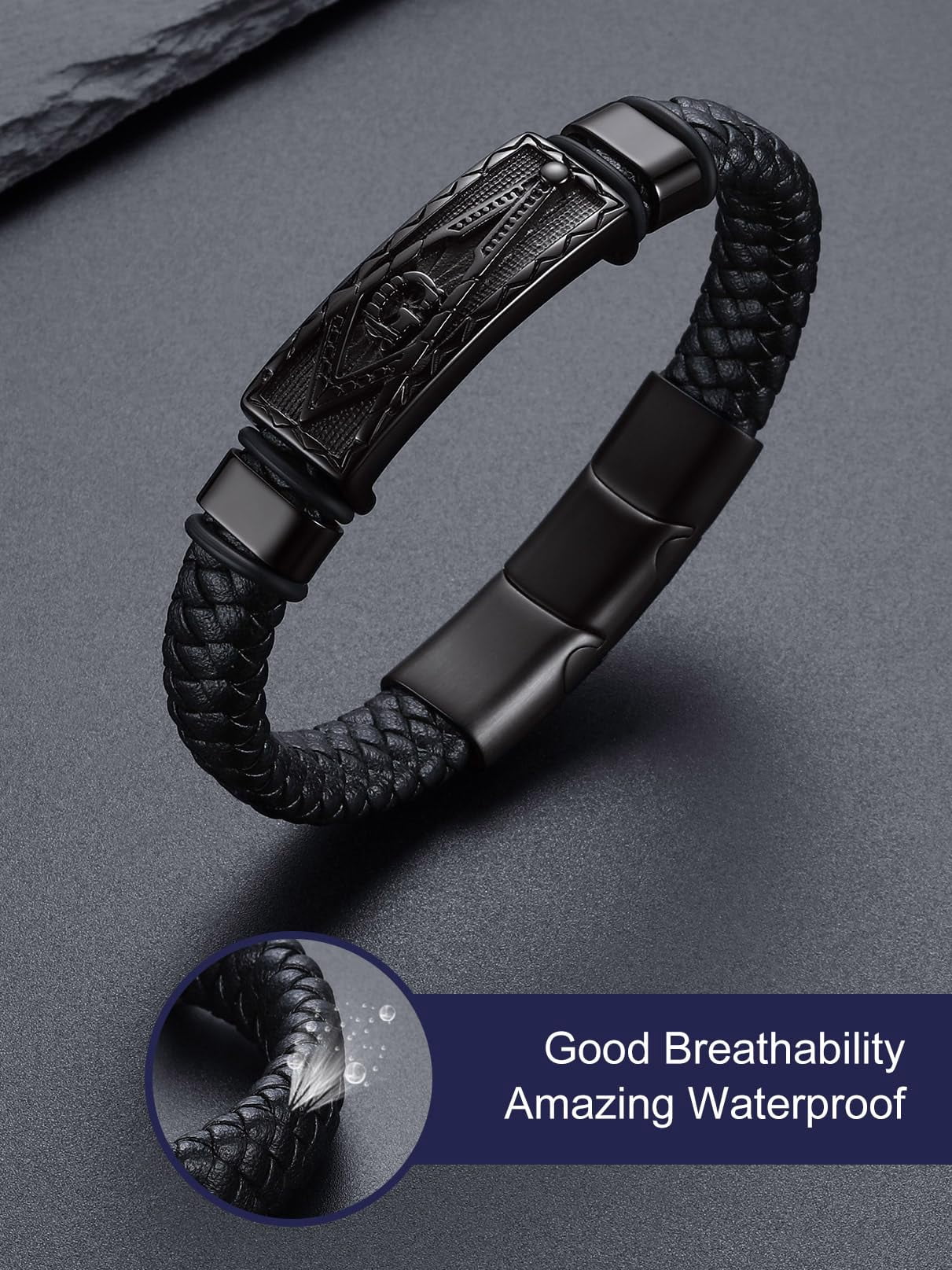 Bandmax Black Leather Braided Bracelets for Men Stainless Steel Black Masonic Freemason Wristband Charm Bracelet with Adjustable Buckle Birthday Father Day Gift for Dad Son Husband Grandpa
