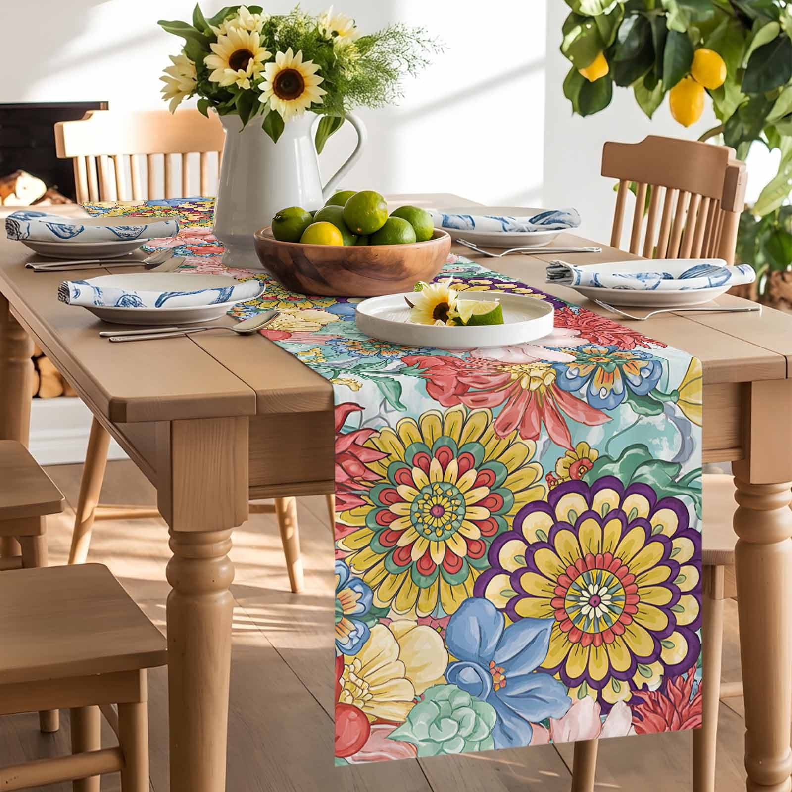 Retro Bohemian Flowers Table Runner 90 Inches Long, Country Floral Art Table Runners Tabletop Scarf Kitchen Dining Tables Decoration for Home Party Indoor Outdoor