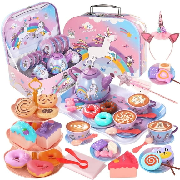 Quiet Flower 55Pcs Toddler  Princess  Tea Party Set for Little Girls 3-5, Unicorn Kid Tin Tea Set,Kids Kitchen Pretend Toy