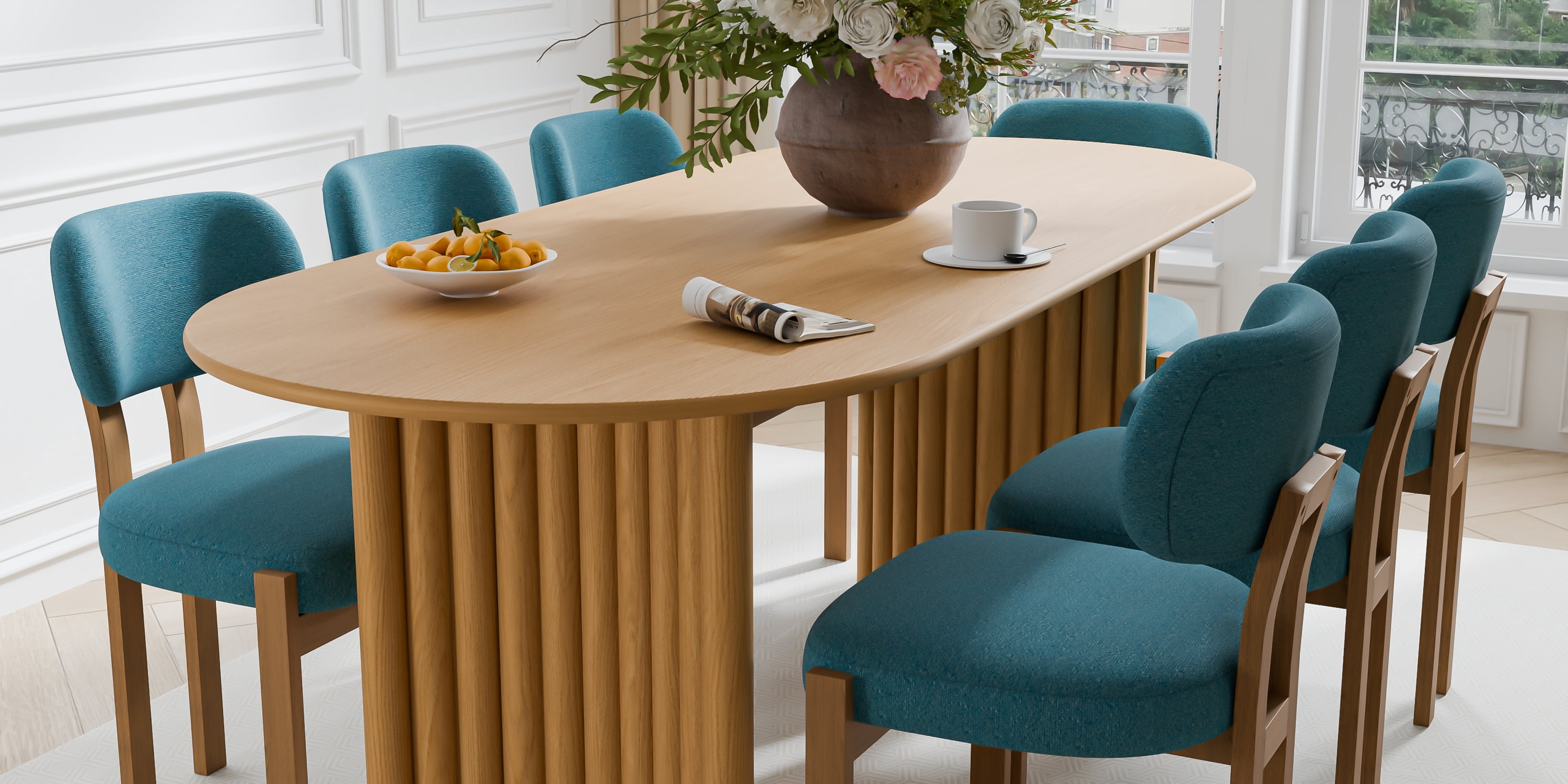 MAYEERTY 79"×33.5"×30" Natural Wood Oval Dining Table - Curved Legs, Elegant for Home Meals