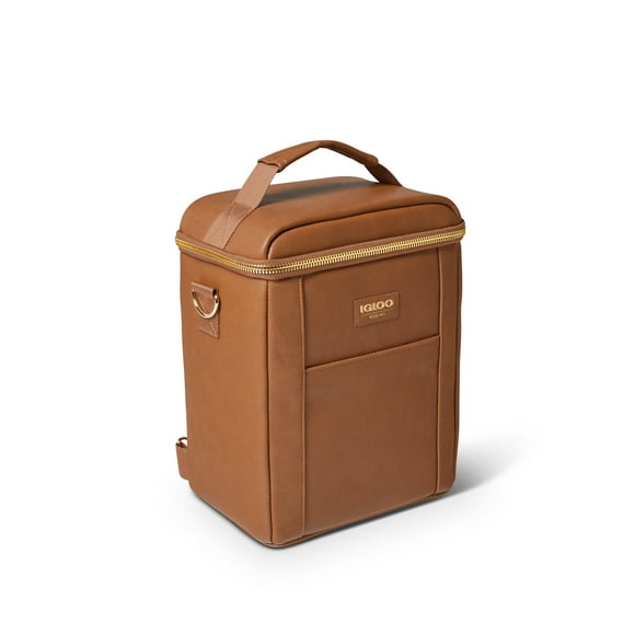 Igloo Luxe PU Leather Insulated Mini Cooler Backpack, Holds 12 Cans, Cognac