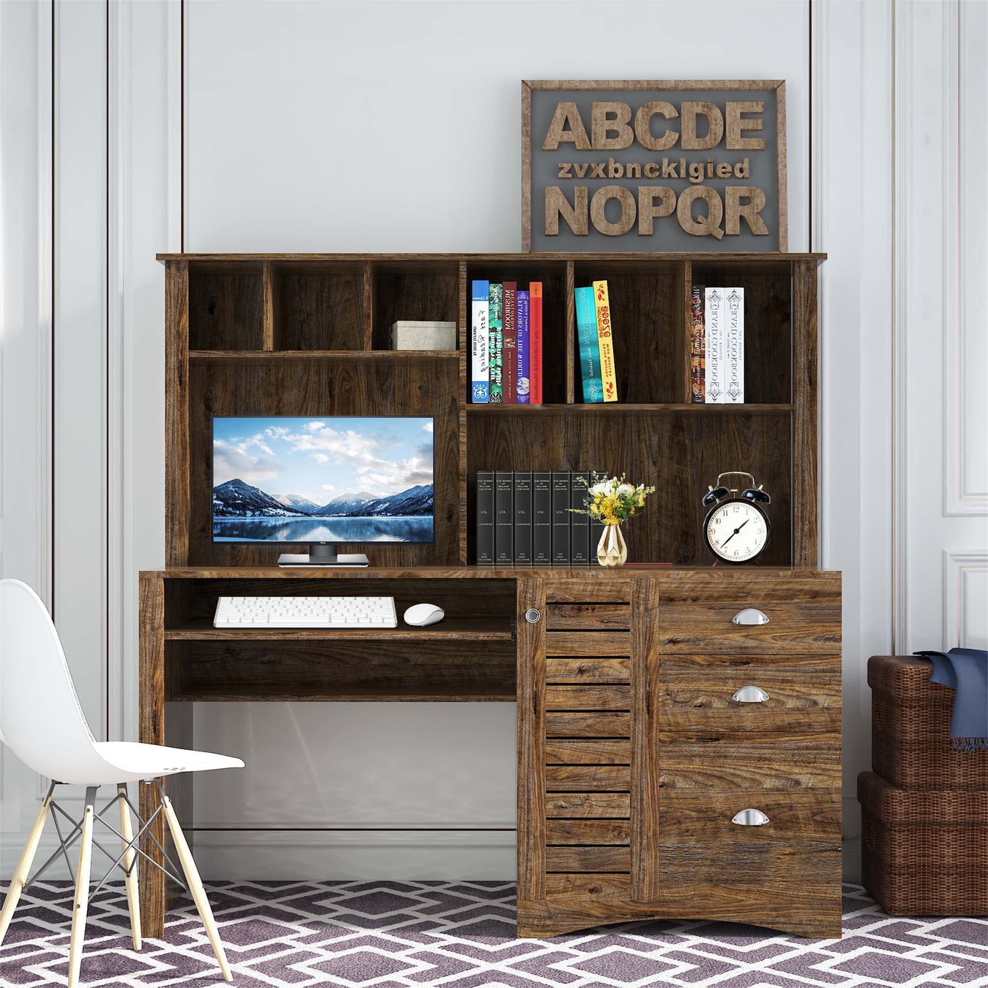 DEALTOPS Home Office Computer Desk with Hutch, 3 Drawers, Study Table, Keyboard Tray, Dark Brown