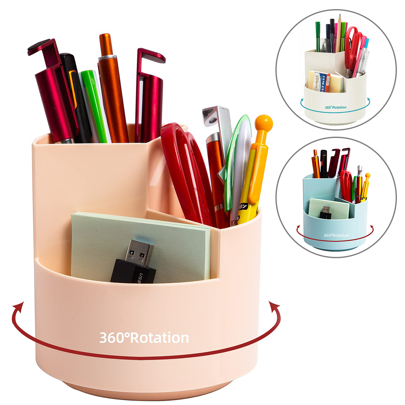 Semfri Rotating Pen Holder Pink Desk Pencil Pen Holder 3 Slots 360