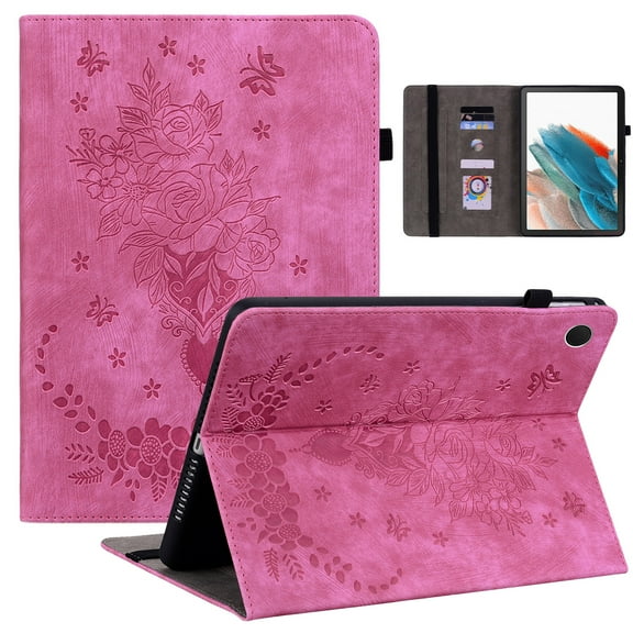 SaniMore Case for Samsung Galaxy Tab A8 10.5" 2022 SM-X200/X205, Auto Sleep/Wake Anti-slip Grooves Kickstand [Pencil Holder Card Slots] Embossed Rose PU Leather Shockproof Wallet Shell, Rose