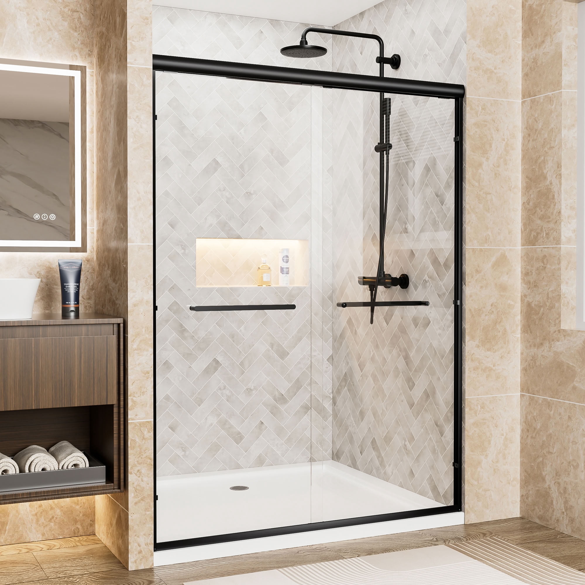 MAYEERTY Double Sliding Shower Door, Matte Black Aluminum Frame, 1/4" Tempered Safety Glass with Explosion-Proof Film, Waterproof & Reversible Installation