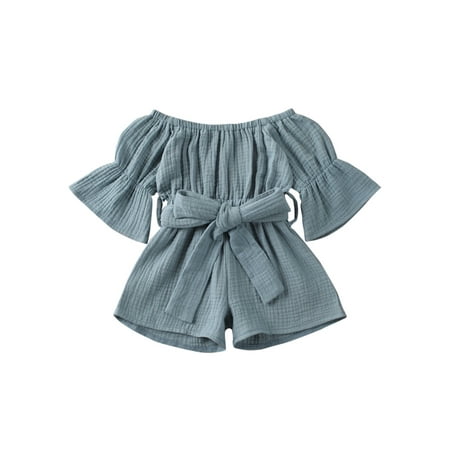 

Ma&Baby Toddler Kids Baby Girl Off-shoulder Trumpet Sleeve Waist Bandage Jumpsuits