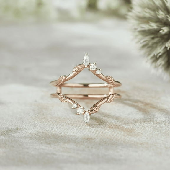 Unique Marquise Diamond Wedding Band in 14K Rose Gold Vermeil- Leaf Floral Moissanite Ring Enhancer