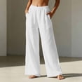 thumbnail image 2 of Linen Cotton Pants Women Wide Leg Elastic High Waisted Beach Flowy Pull On Dressy Casual Baggy Slacks with Pockets, #02 White S, 2 of 7