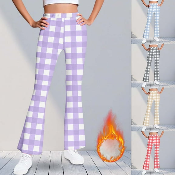 Eltusu Flare Leggings for Girls, Thermal Plaid Elastic Waist Stretch Kids Winter Pants Purple Size 7-8 T