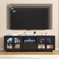 thumbnail image 5 of TV Stand for 75 inch TV, LED TV Stand for Living Room,70" Entertainment Center with Arched Glass Doors, Faux Marble Wood Finish Top, Adjustable Shelves, and LED Lighting, Black, 5 of 7