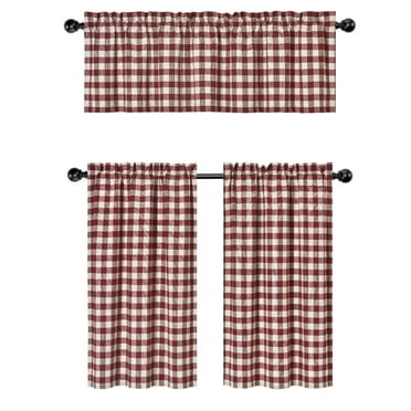 Country Plaid Gingham Checkered Farmhouse 3 Pc Cafe Kitchen Curtain Tier & Valance Set - Assorted Colors