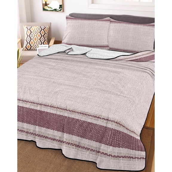 Twin Quilt Bedding Set, Pink Striped Vintage Lightweight Coverlet Summer Comforter Set Soft Microfiber Bedspread, Minimalist Linen Texture 3 Piece Quilt Set with 2 Pillow Shams