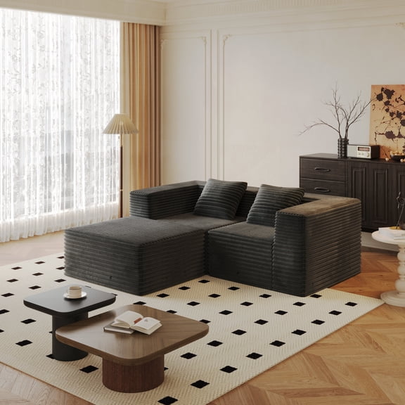 FFZ 77.17" Modular Sectional Couch with Deep Seat, Corduroy Fabric and No Assembly, Gray