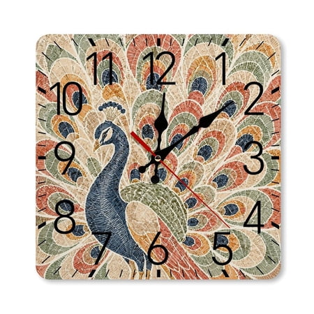 RKSupls 10×10inch Square Silent Wall Clock Wooden Frame, Mosaic Peacock Feathers Art Scale Decorative Clock for Home Bedroom Living Room Office
