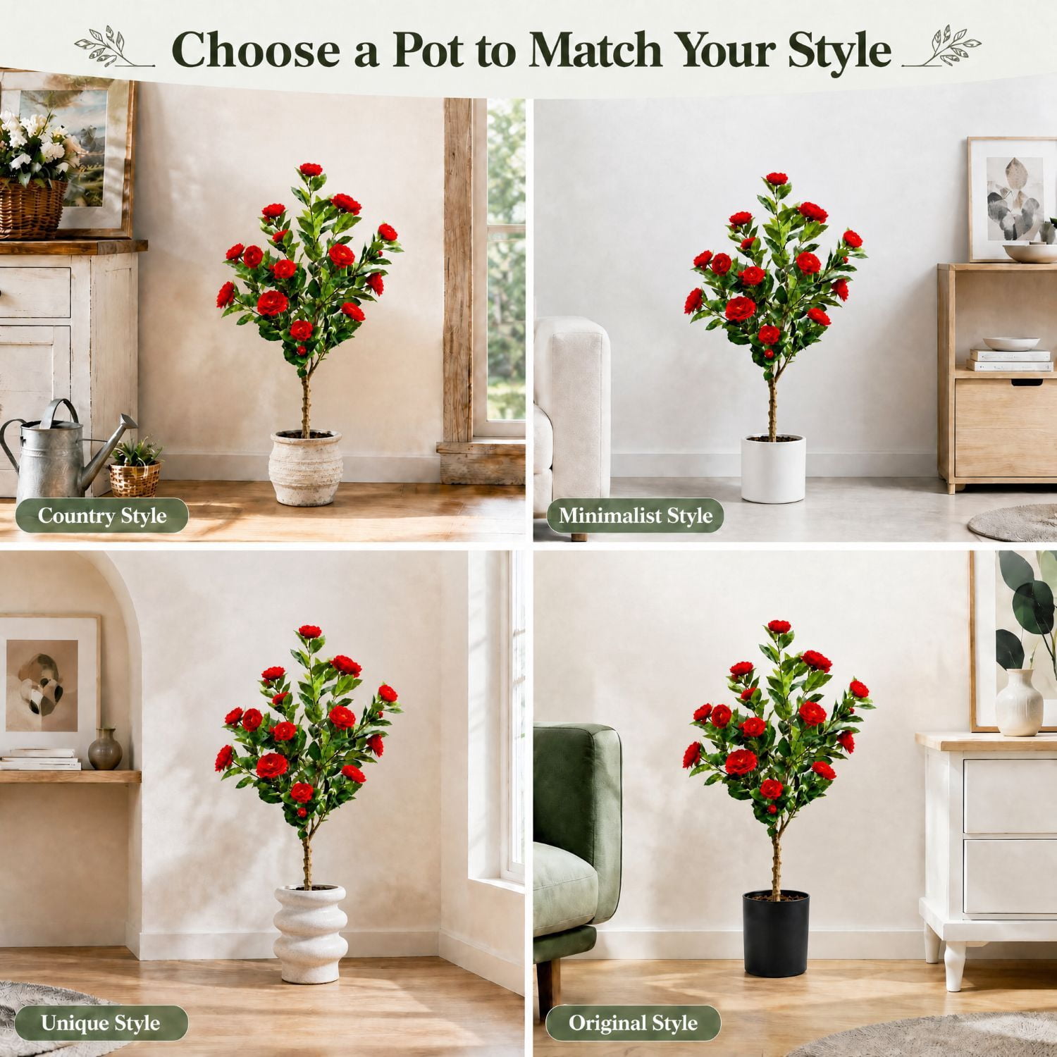 Easy4Home 3.3FT Artificial Flower Plant Fake Camellia Tree Potted Indoor, Red