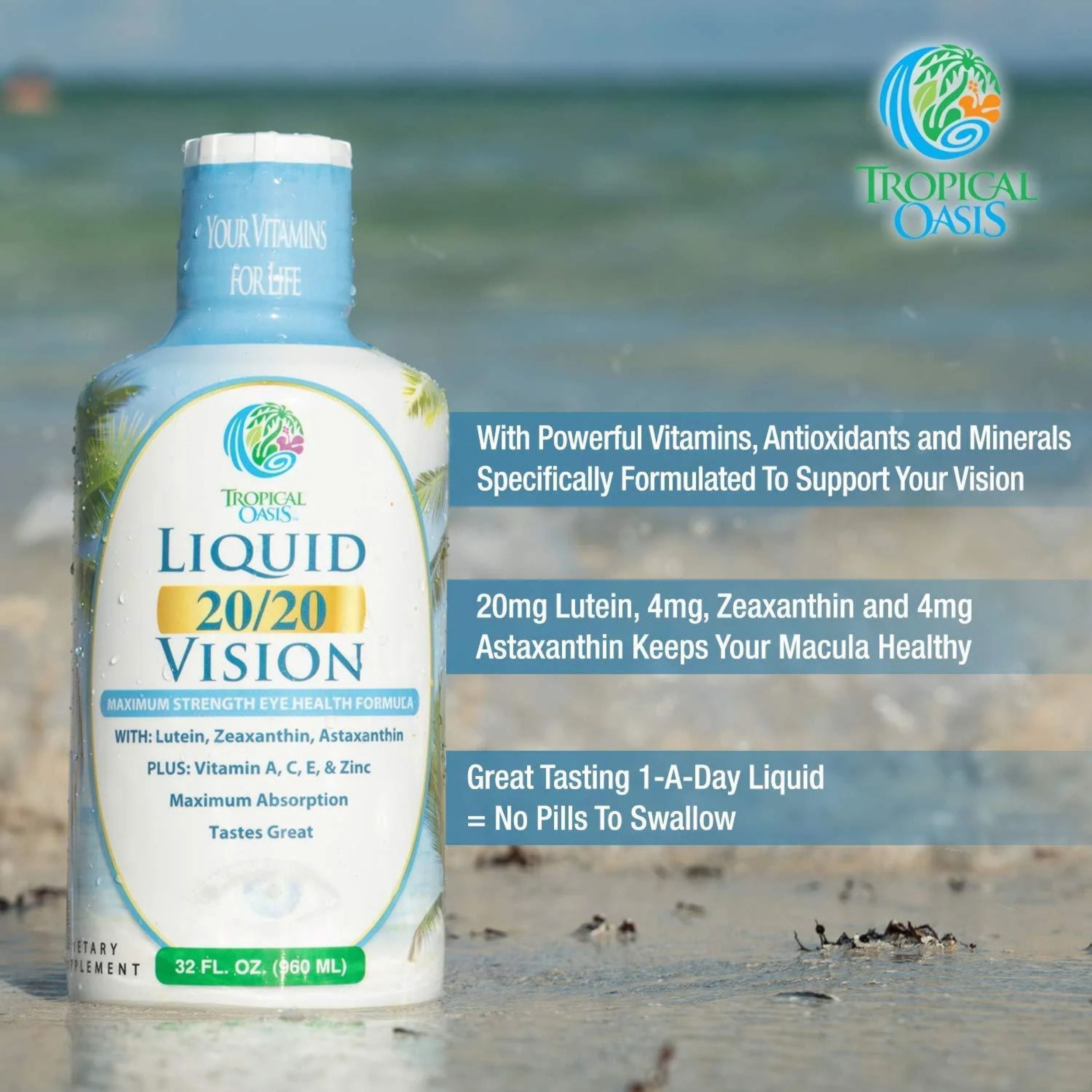 Tropical Oasis Eye Health Liquid Vitamin Supplement, 20/20 Vision Max, 20mg Lutein, 4mg Zeaxanthin, 4mg Astaxanthin, Vitamin A, C, E & Zinc, 32 fl oz, 32 Servings