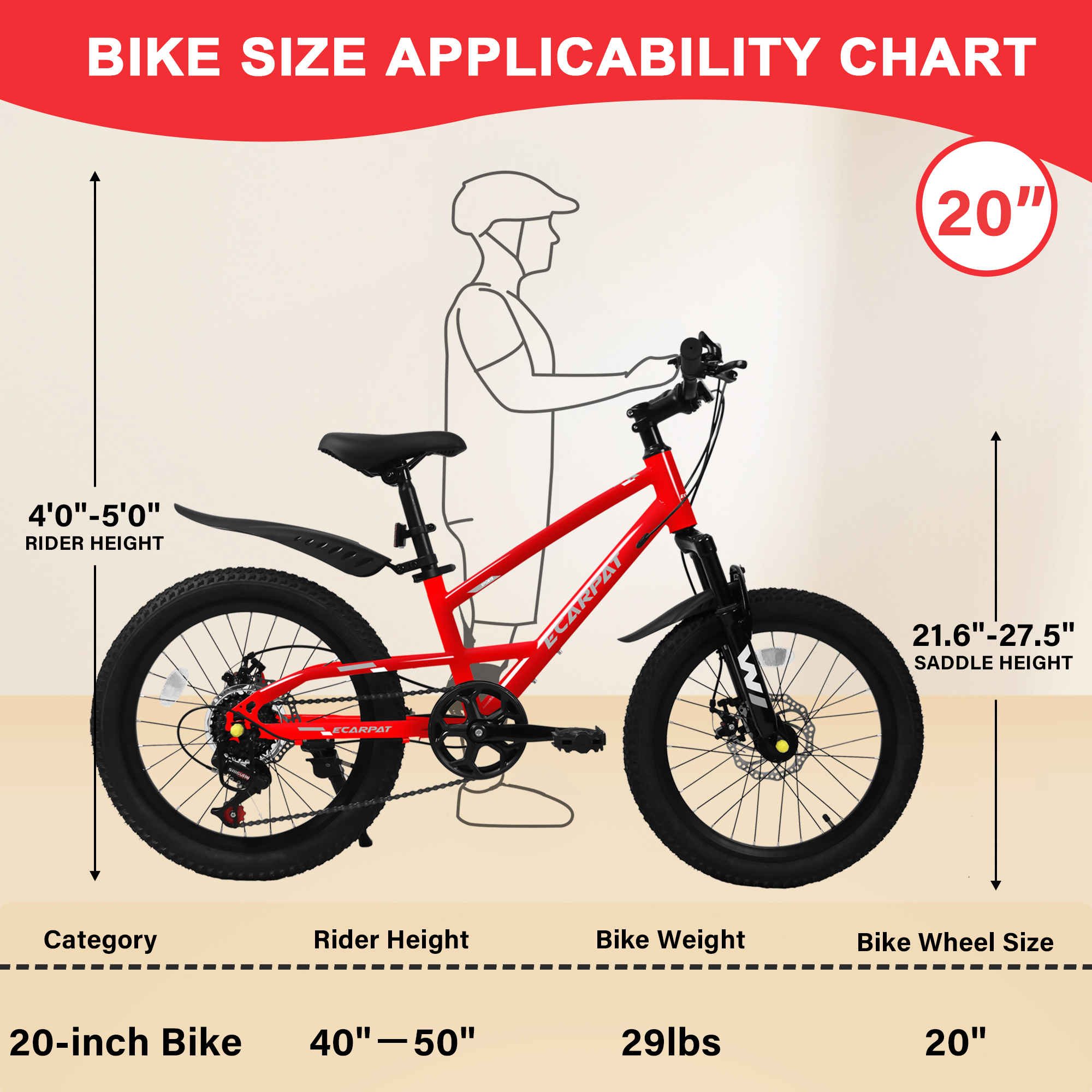 Aukfa 20" Mountain Bike for Boys Girls, 7-Speed Kids Bike with Front Disc Brake,Red