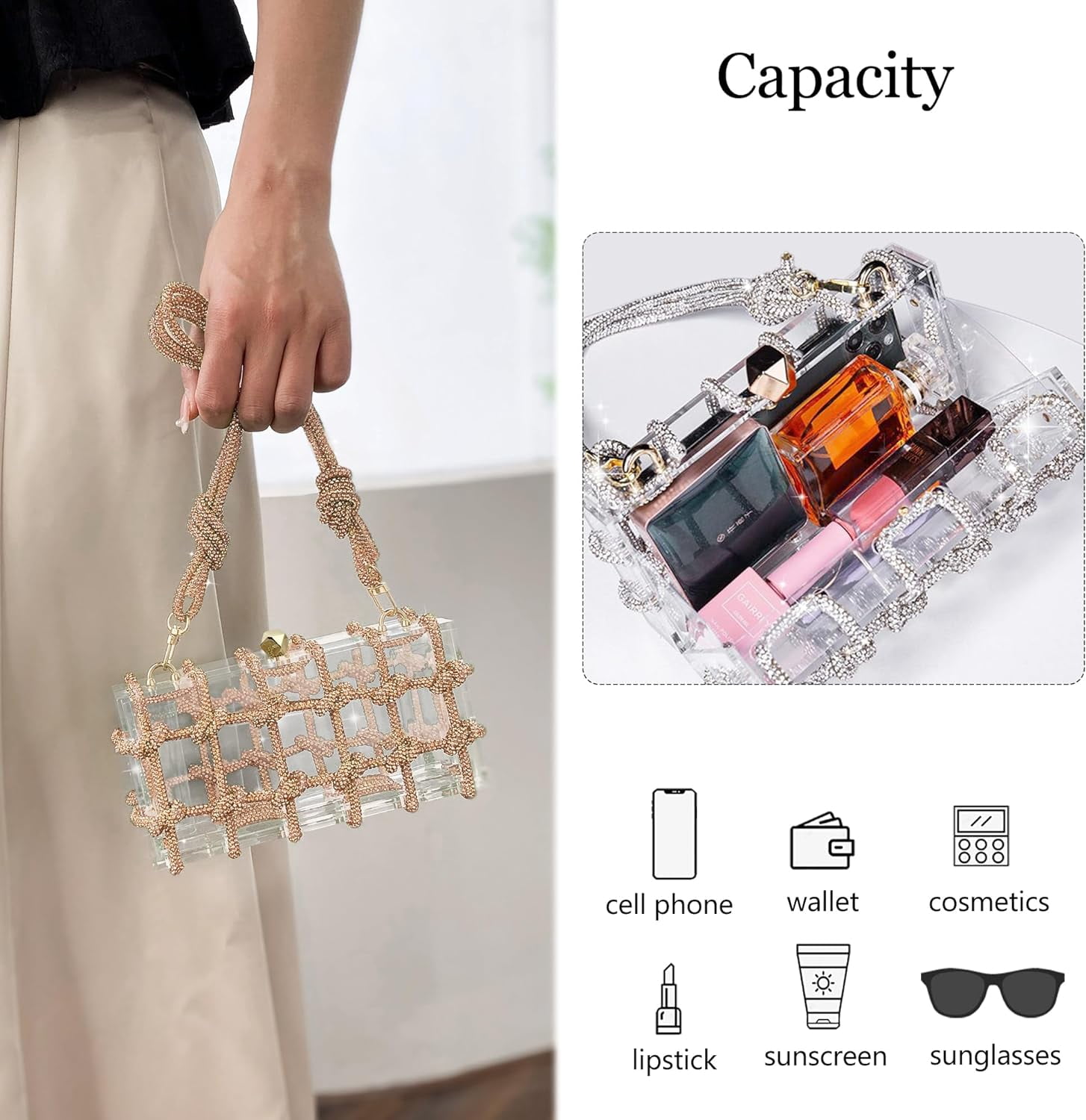 SQDWYGG Clear Acrylic Purse Bag with Rhinestones Clutch Purse Evening Clutches for Wedding and Party,1,1,1,Gold,Acrylic,Gold,Top-Handle Bag,Small