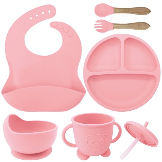 Babero de silicona para madres e hijos Plato de silicona para la cena Juego de ocho piezas Plato de succión para entrenamiento complementario de alimentos para bebés Juego de vajilla separada para
