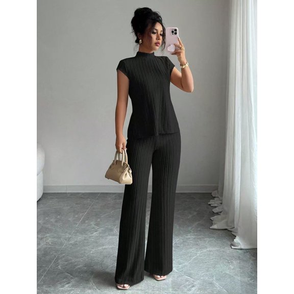 EASYBRA Women Casual Ribbed Two Piece Outfit Short Sleeve T Shirt and Long Pants Lounge Set Comfortable Everyday Fashion