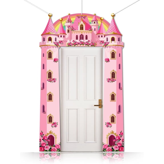 3Pcs Fantasy Castle Door Banner Pink Castle Porch Sign Banner with Floral Towers Princess Party Decorations Hanging Welcome Backdrop