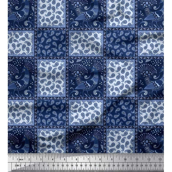 Soimoi Satin Silk Fabric Peacock,Check & Paisley Patchwork Print Fabric by The Yard 42 Inch Wide