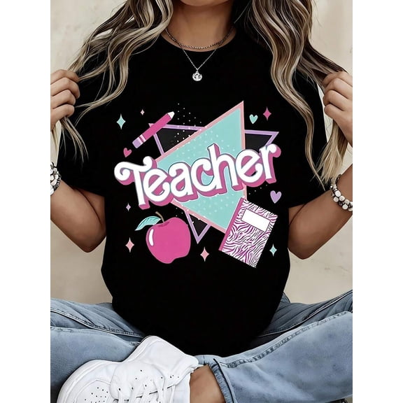 【New Arrival】Cute Retro Pastel Teacher Apple Pencil Notebook Graphic T-Shirt, Unisex Cotton Crew Neck Sweet Elementary Teacher Casual Tee, Back To School Teacher Gift