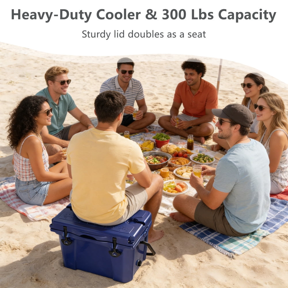 25QT Portable Insulated Hard Cooler, 5-7 Day Ice Retention Cooler with Bottle Opener & Cup Holders, Rotomolded Ice Chest for Camping, Fishing, Beach & Outdoor Adventures, Navy Blue