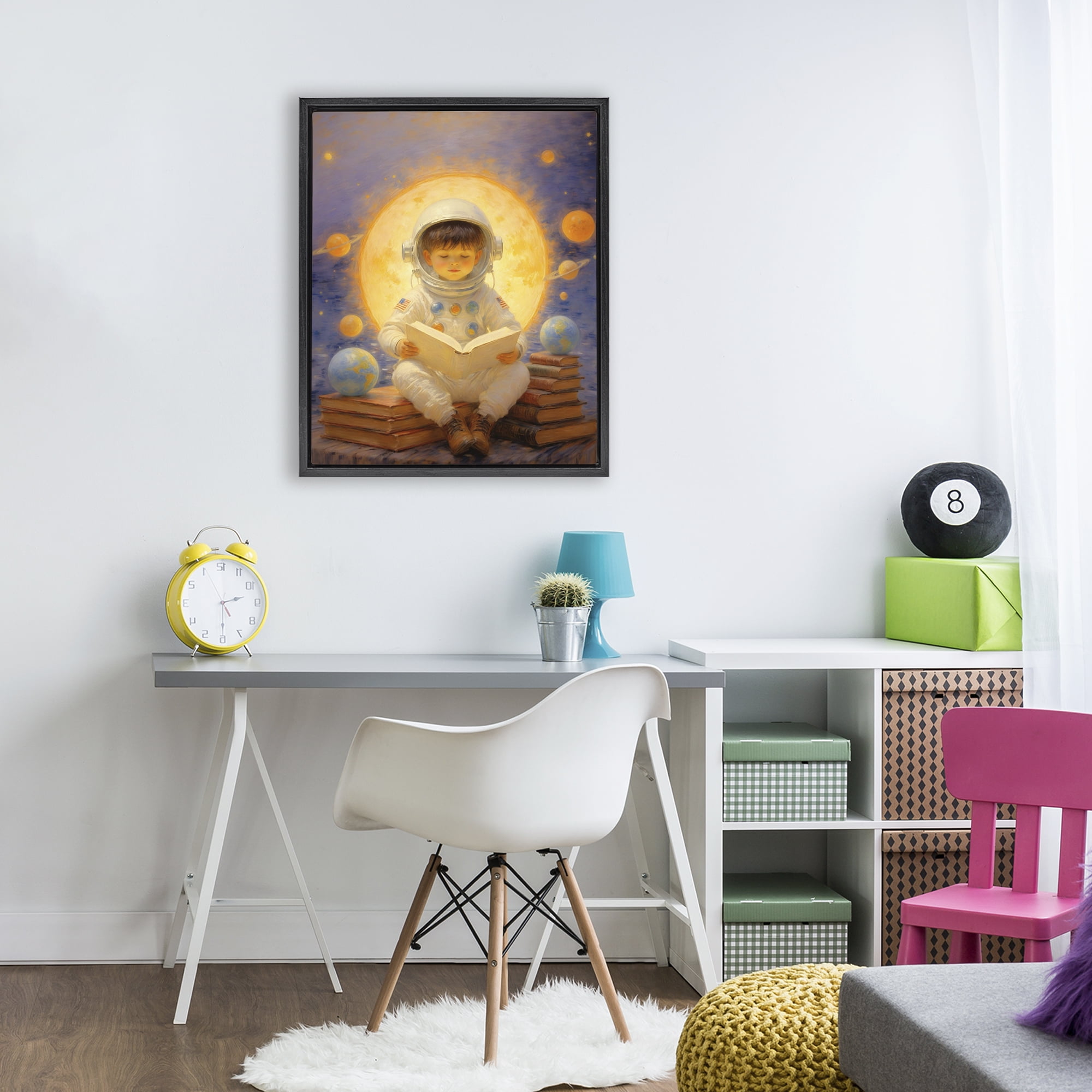 Astronaut Child Learning Black Framed Floater Canvas Wall Art, design by Angie Hawke