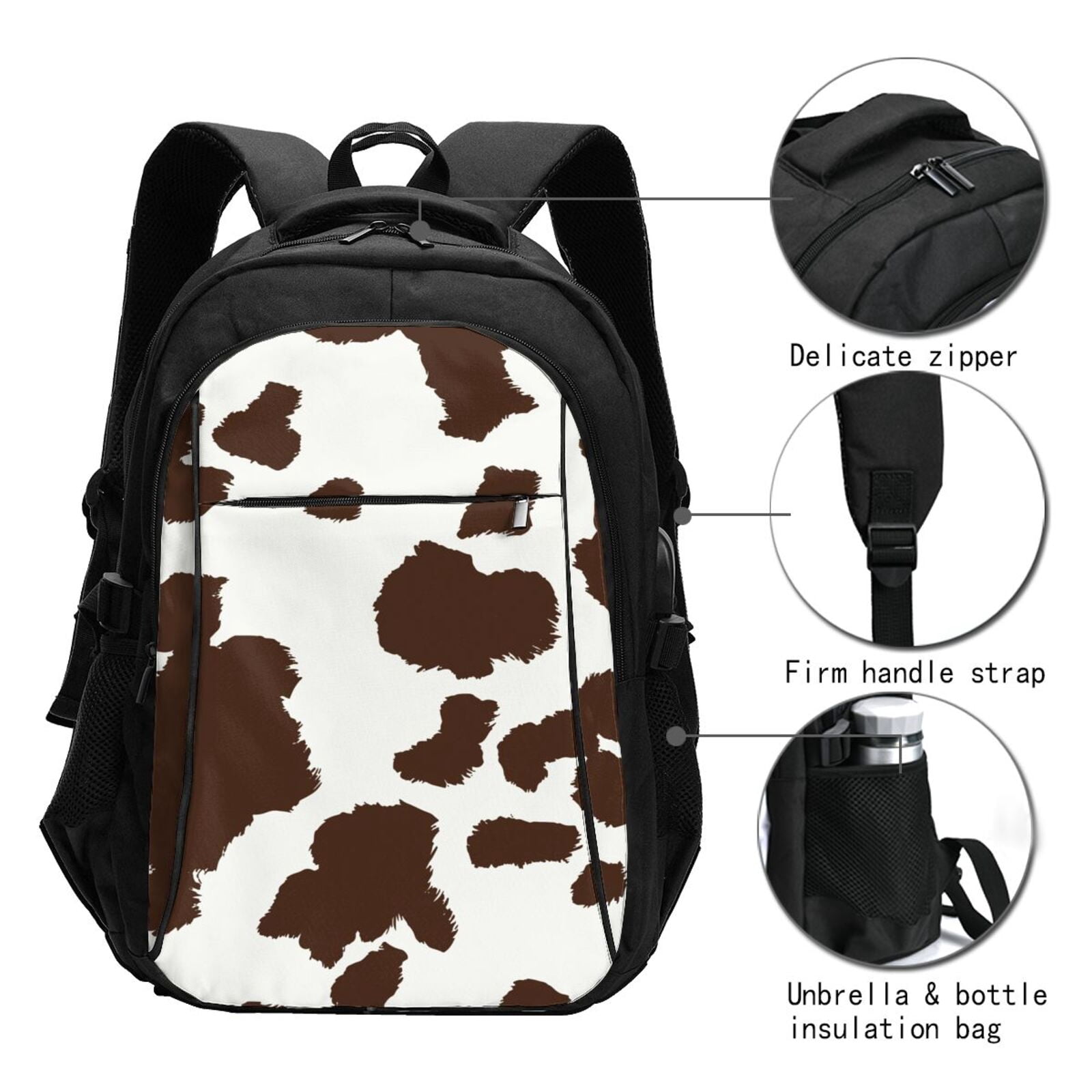 Horeoi Brown Cow Print USB Backpack for Travel School Work with Laptop Compartment Charging Port and Anti-Theft Pocket